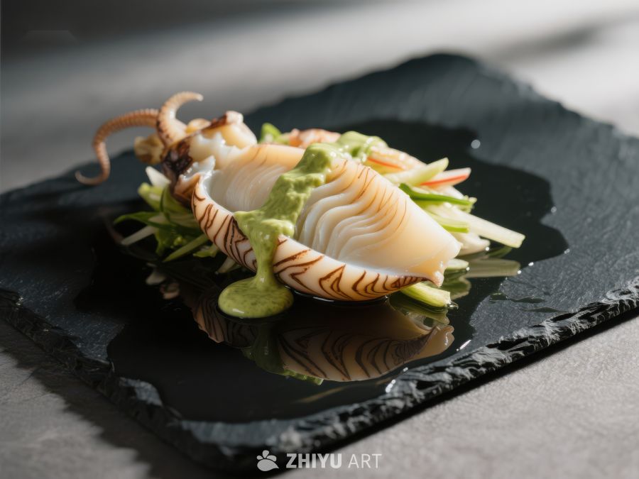 精致鱿鱼料理，搭配绿色酱汁 552