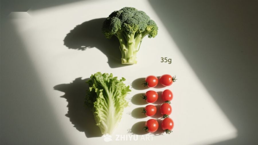 蔬菜静物：西兰花、生菜与小番茄
