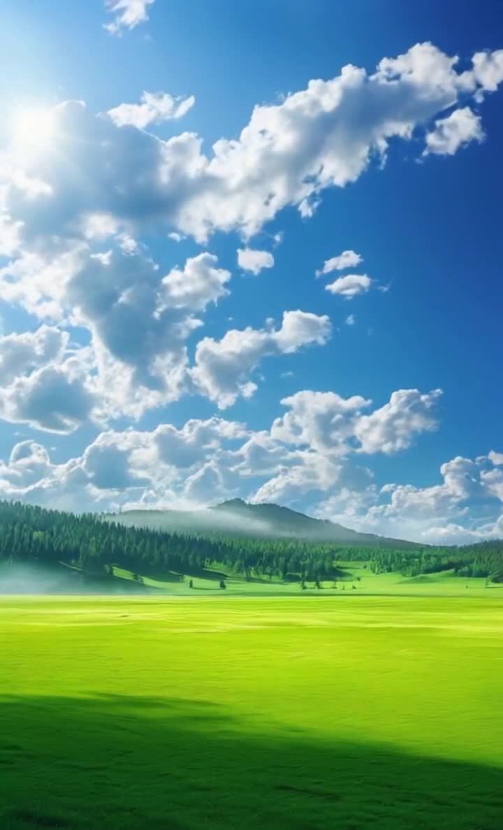 蓝天白云下绿草如茵，远山笼罩云雾风光无限。