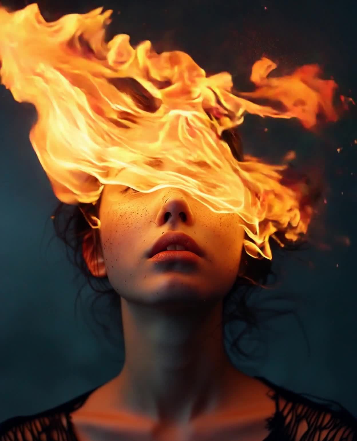 一位女性的肖像，火焰环绕其头部和面部，火焰呈现出橙