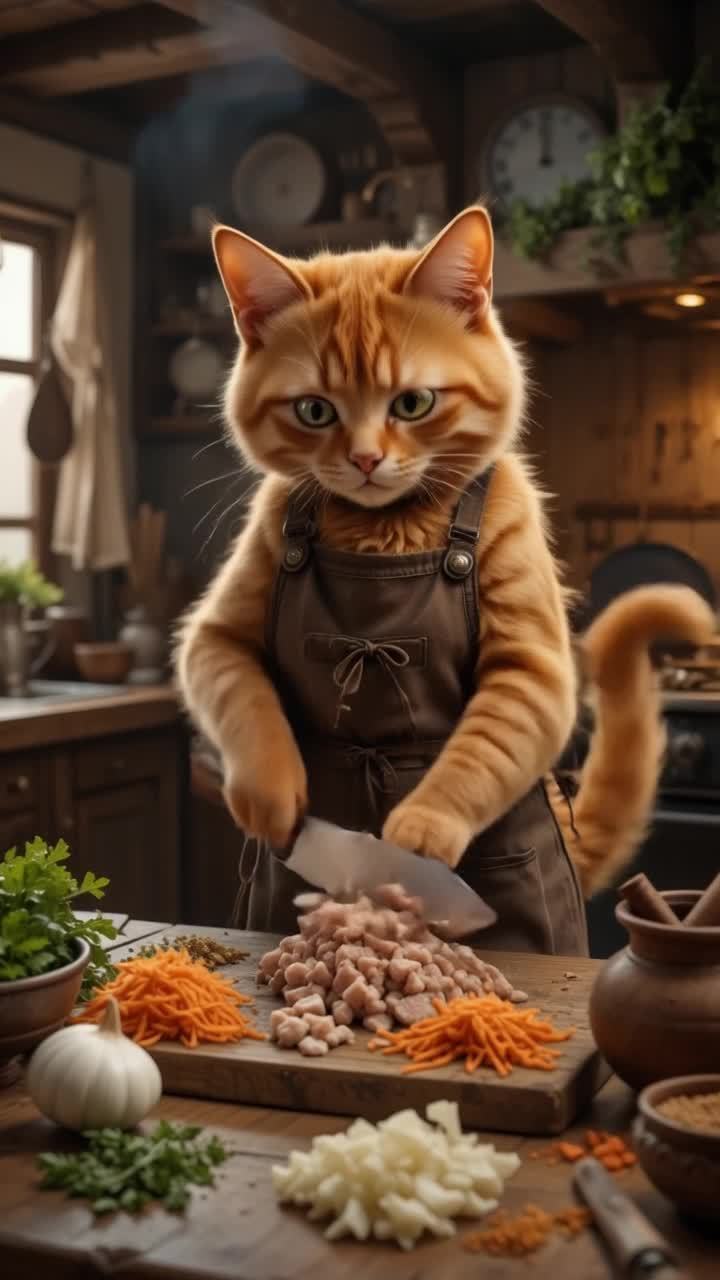 一只穿着围裙的橘色虎斑猫站在乡村风厨房的木制台面上