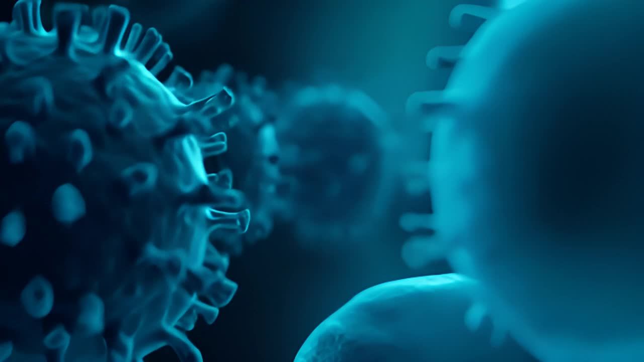 图像呈现了腺病毒的微观视角，这些病毒呈现为小的二十