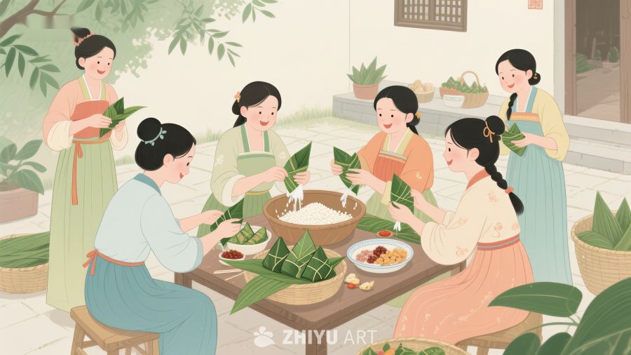 传统节日中女性包粽子的温馨场景 19