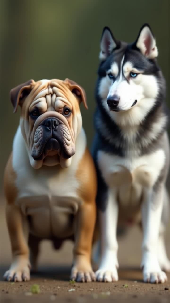 一只斗牛犬和一只哈士奇并排坐在地上。斗牛犬为棕色和