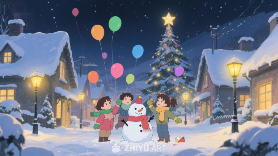 冬夜雪景中孩子们与雪人共度欢乐时光 136