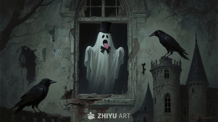 幽灵窗前惊叫，乌鸦环绕古堡