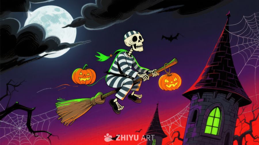 万圣夜骷髅骑扫帚飞过城堡