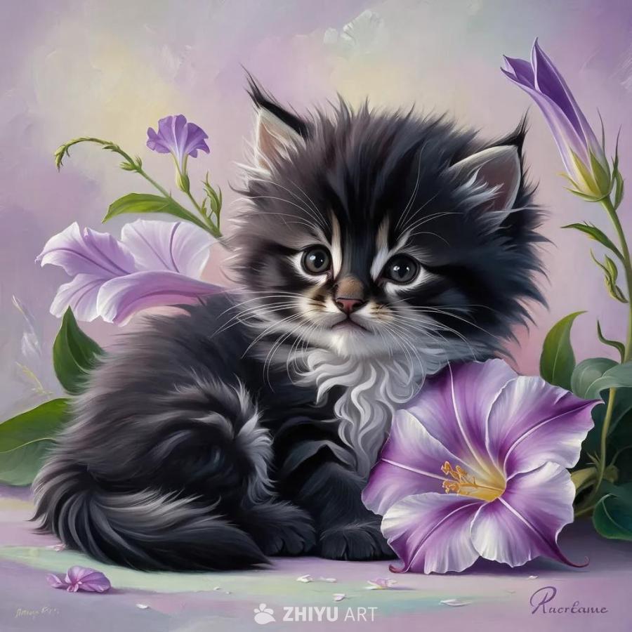 一只黑色小猫坐在紫色的牵牛花旁边，小猫的尾巴非常蓬
