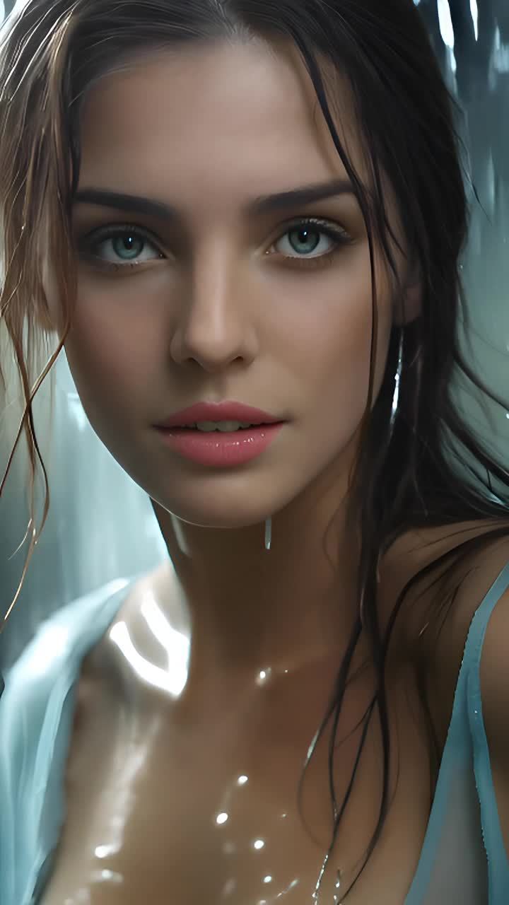 一位女性，头发湿漉，穿着浅蓝色上衣，雨水从她身上滴