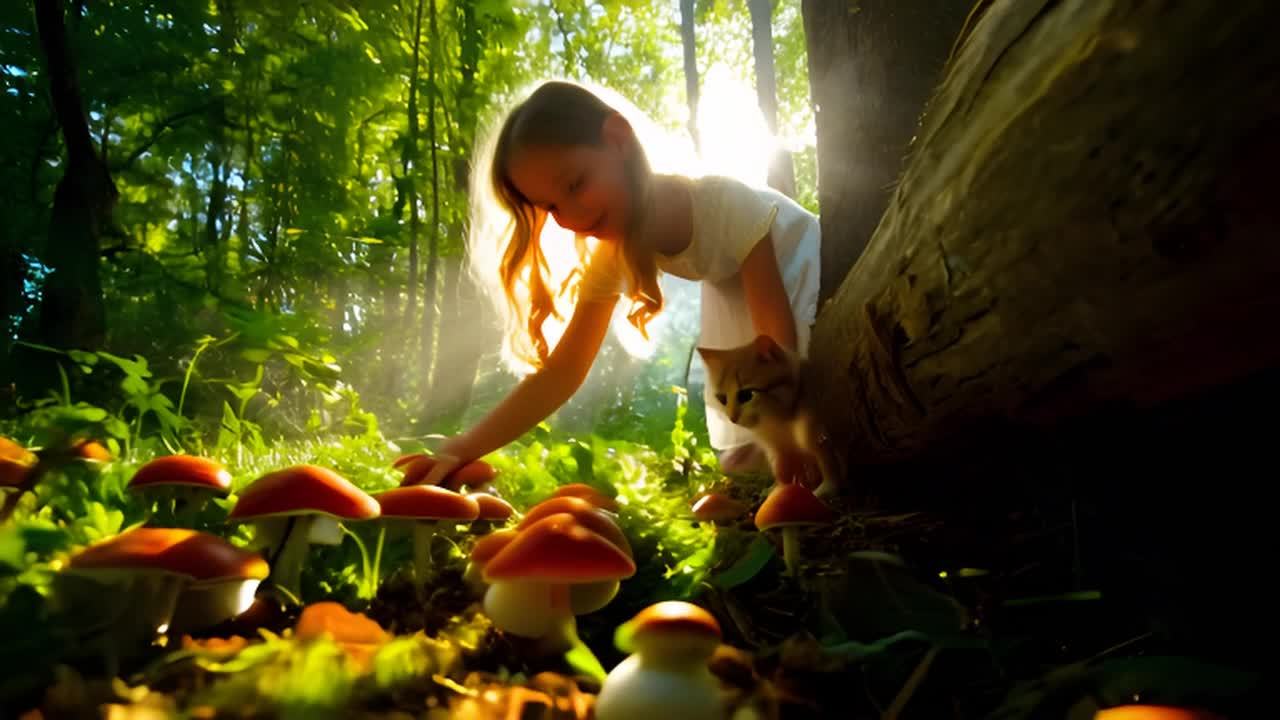 森林里阳光明媚。一位穿着白色裙子的女孩蹲在一堆红色蘑菇旁边，伸手去拿一朵。突然，一只毛茸茸的小猫从树干后面跳了出来。小女孩吓了一跳，但她很快镇定下来，看着这只可爱的小动物。小猫似乎也很好奇地看着她。他们静静地观察着对方，享受着这个美好的时刻。阳光透过树叶洒在他们身上，为他们增添了一丝温暖和神秘的光辉。