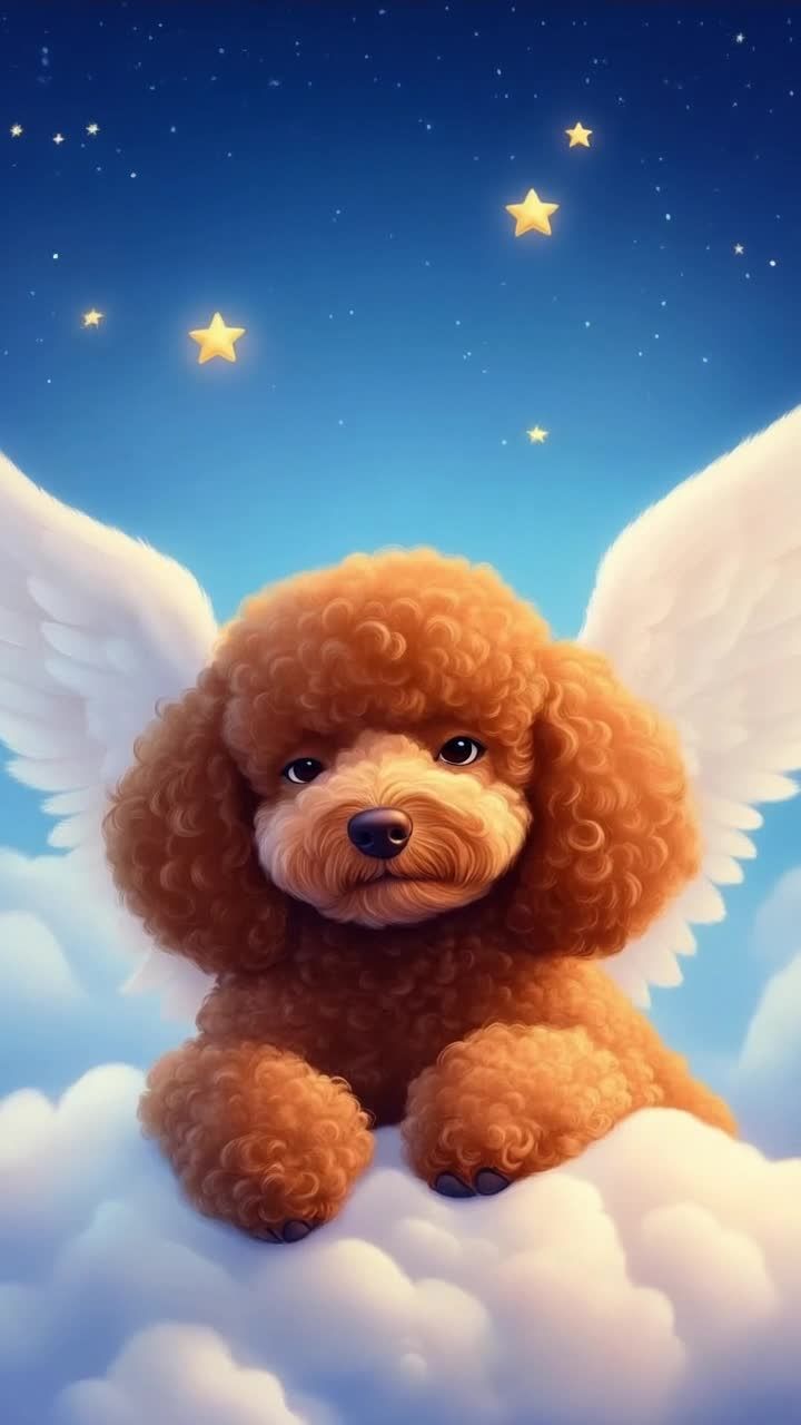 一只棕色的贵宾犬坐在云朵上，它的背后长着一对白色的