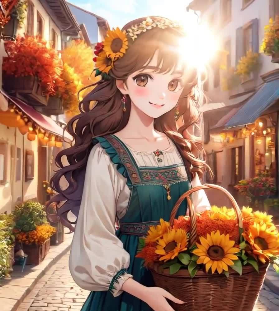 一位长发棕色头发的女性，戴着由向日葵和红色花朵组成