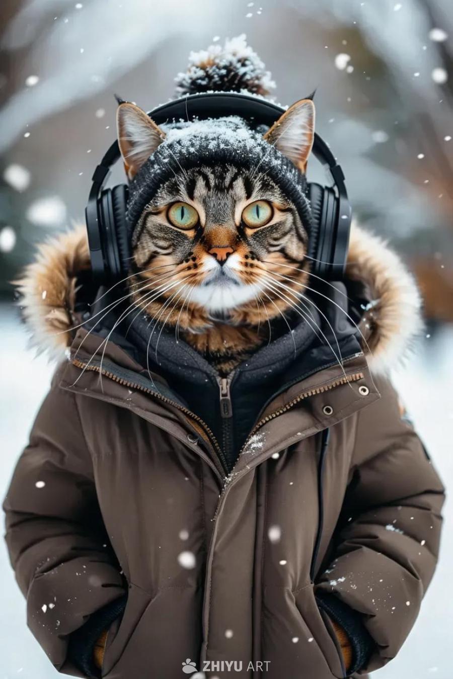 一只猫戴着帽子和耳机，穿着棕色冬装，背景是雪花。
