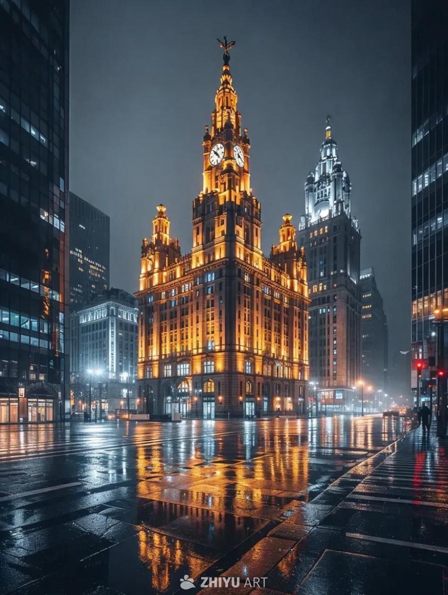夜幕下的城市中，一座灯火辉煌的雄伟建筑屹立着。建筑