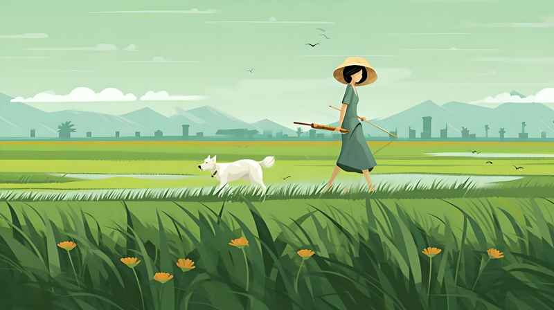 妇女站在稻田与狗，绿色插画风格 16