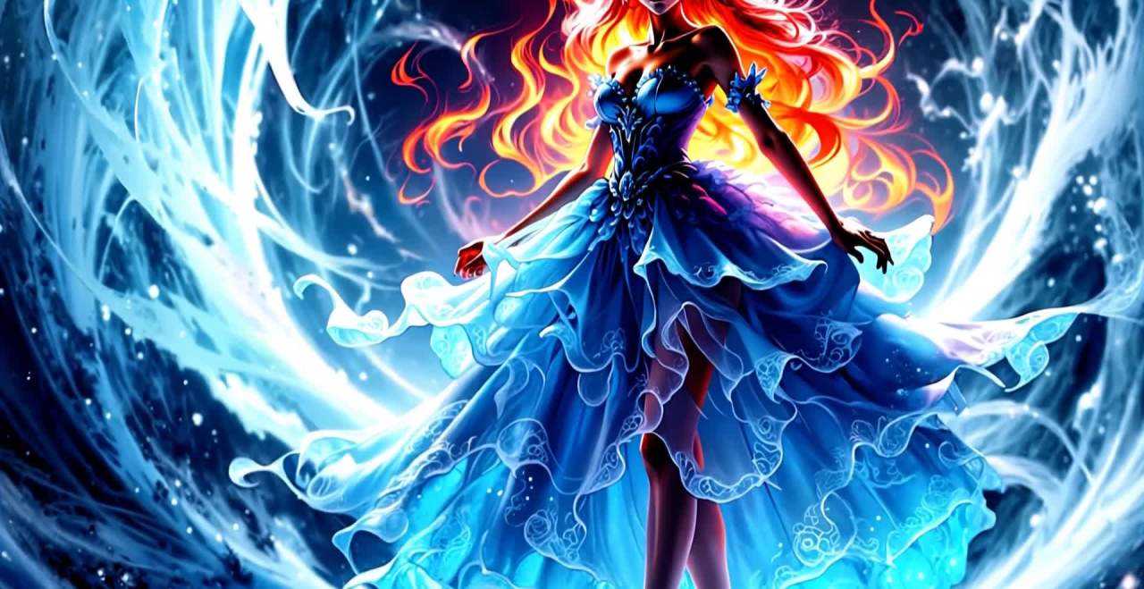 火焰红发蓝色长裙女子与冰雪特效交织画面