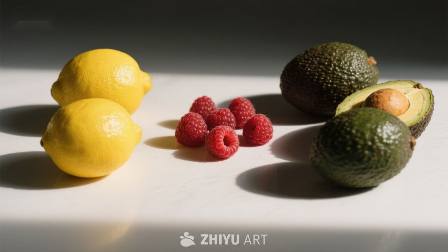 柠檬、覆盆子与牛油果的静物组合