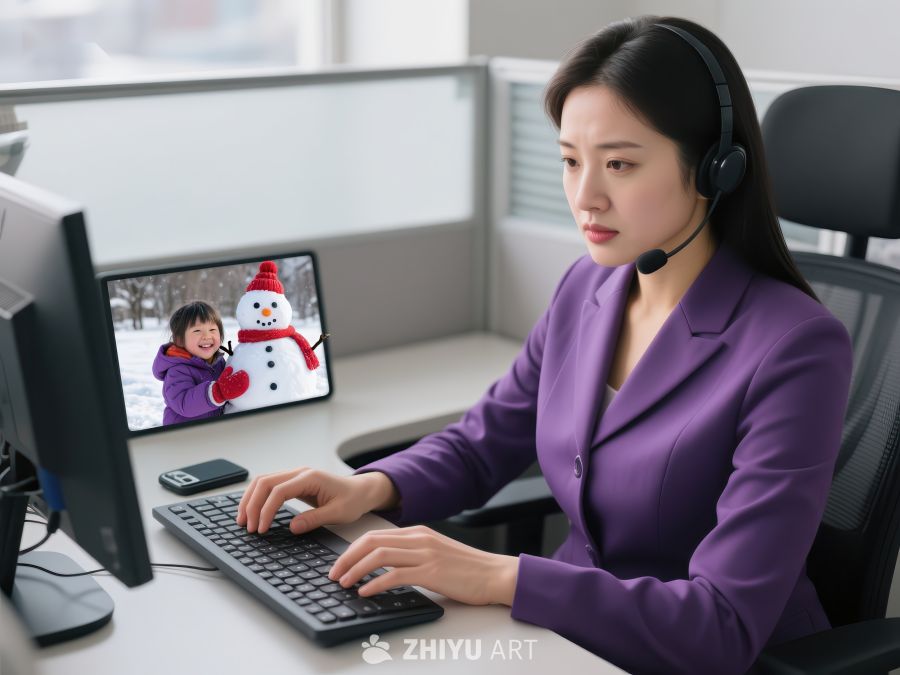 客服人员办公，屏幕显示雪人与儿童 191