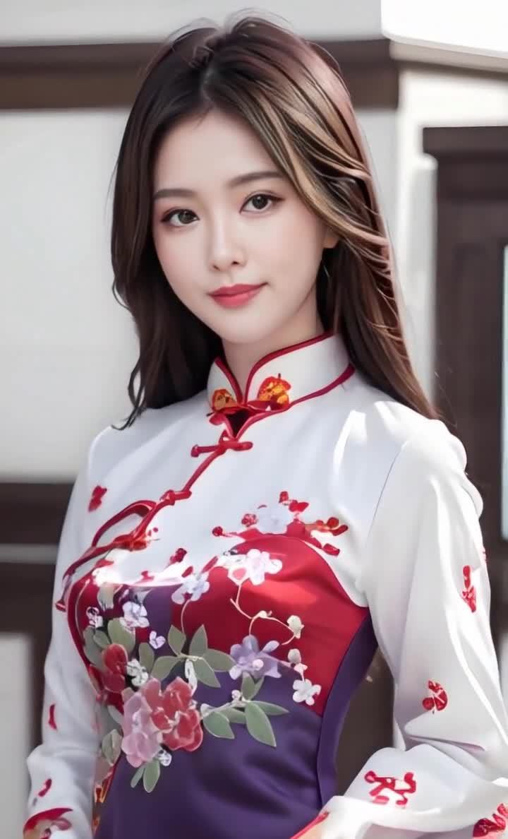 一个年轻女子身穿旗袍，旗袍的袖子是白色的，上面点缀