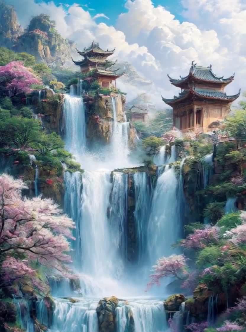 瀑布飞泻，亭台楼阁，青山绿树掩映下的仙境