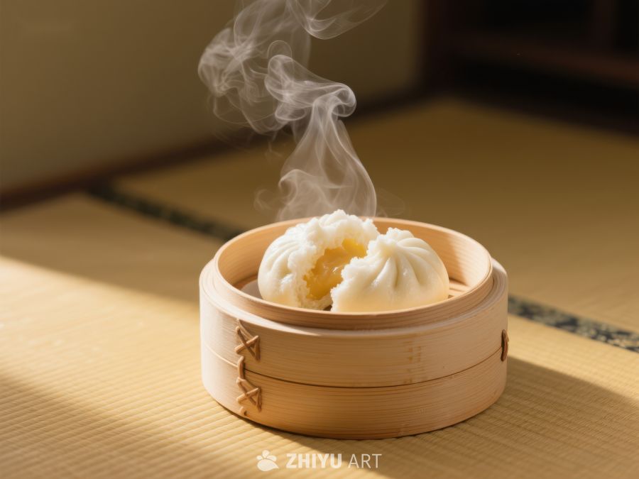 热气腾腾的包子在竹蒸笼中 485