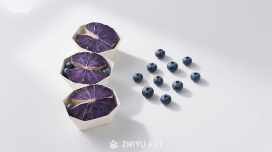 紫色水果切片与蓝莓的创意排列