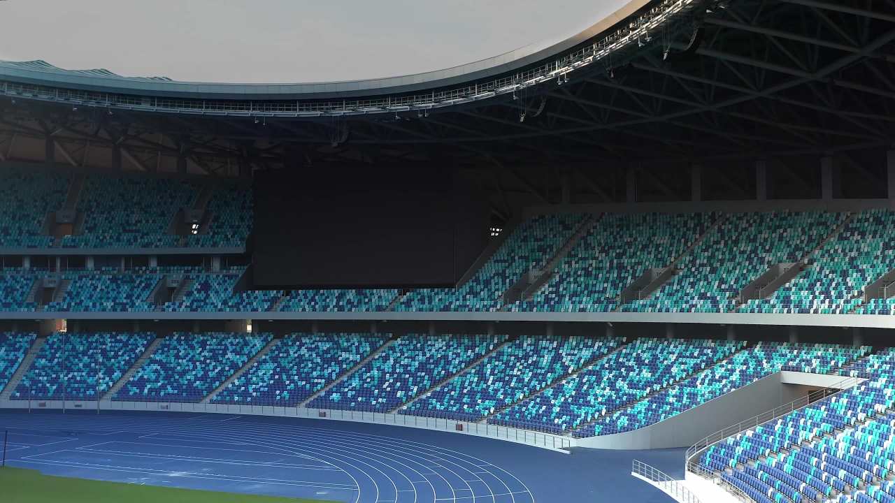 广东南沙大湾区体育中心建筑内部航拍