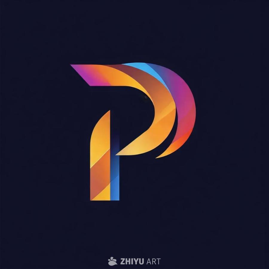 深蓝色背景上有一个彩色的“P”字形标志，标志由紫色