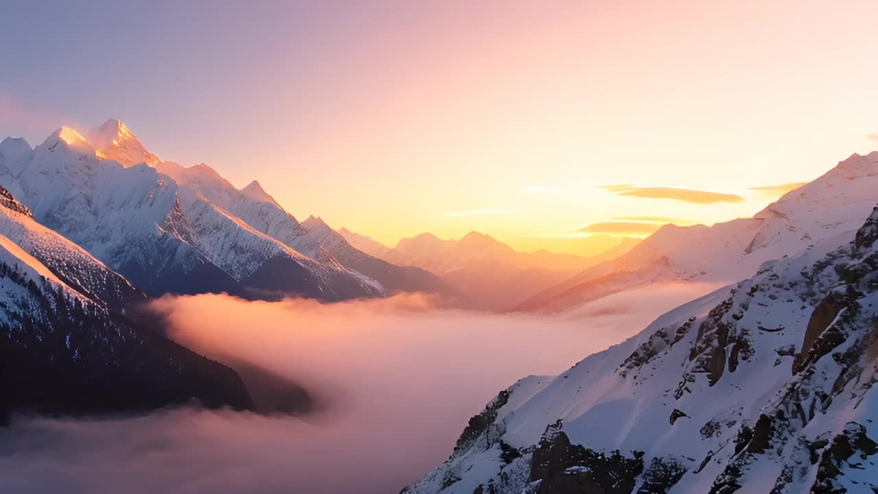 雪山山脉，山顶覆盖着厚厚的积雪。山谷中有云雾缭绕，随着山势起伏时隐时现。天空呈现出淡紫色到金黄色的渐变，阳光洒在山峰上，反射出耀眼的光芒。此图景给人一种宁静祥和的感觉，仿佛置身于一个远离喧嚣的世外桃源。