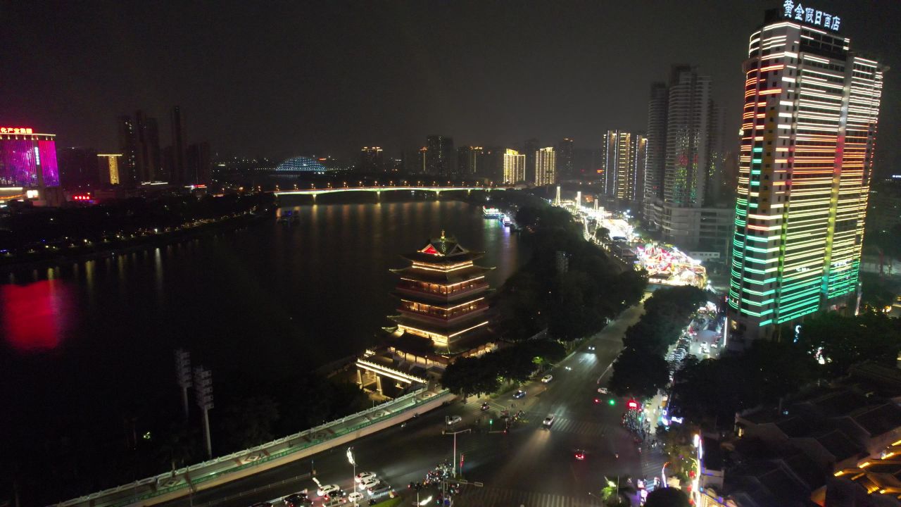 广西南宁畅游阁夜景灯光航拍 