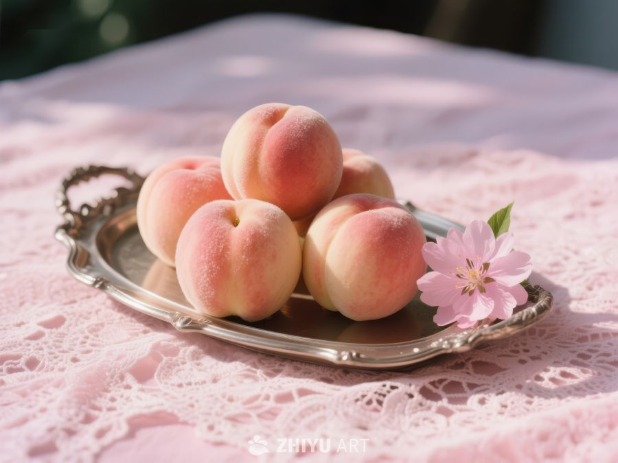 盘中桃子与粉色花朵 303