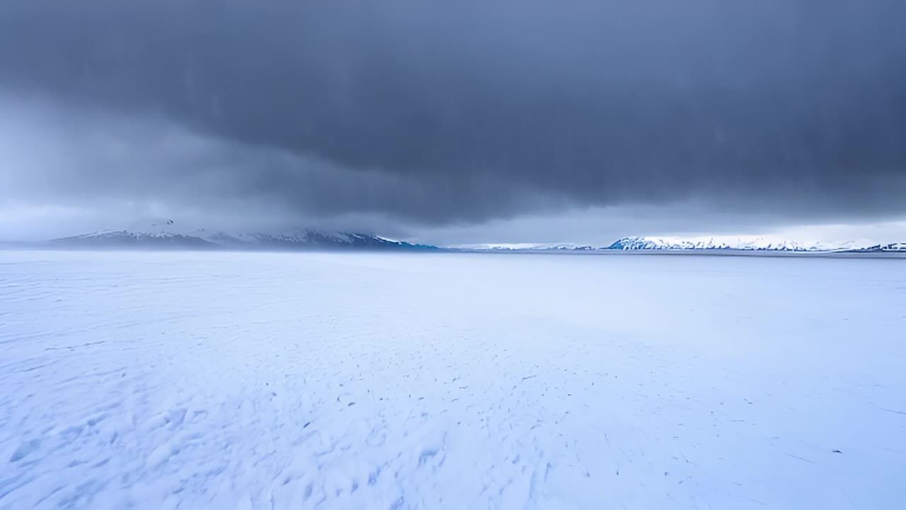 广阔的阿拉斯加苔原在暴风雪天空下呈现，镜头缓慢地横