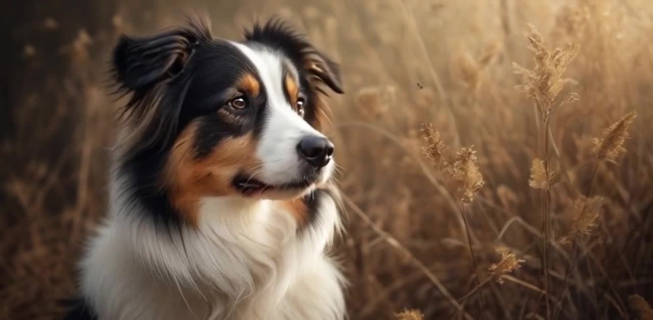 金色草地上的黑白棕三色犬专注凝视远方