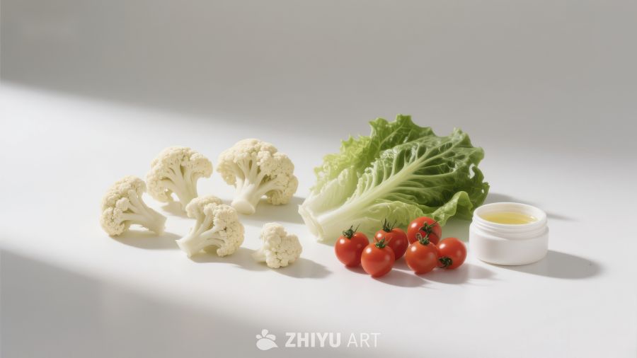 新鲜蔬菜与调味品的简洁组合