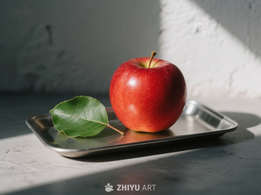 红苹果与绿叶置于金属托盘 115