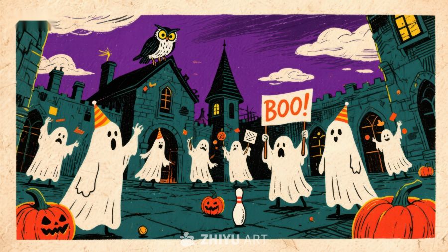 万圣节幽灵游行，手持“BOO！”标语