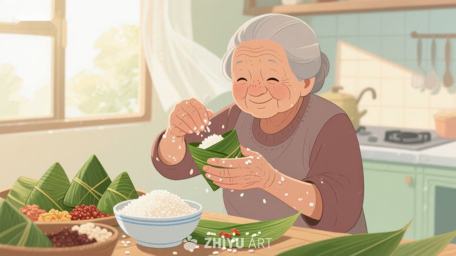 老人厨房包粽子 226