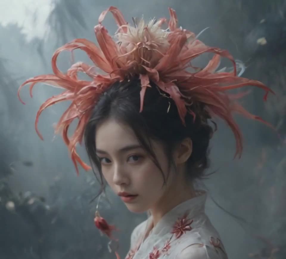 粉花头饰女子，雾霭背景，平静直视前方