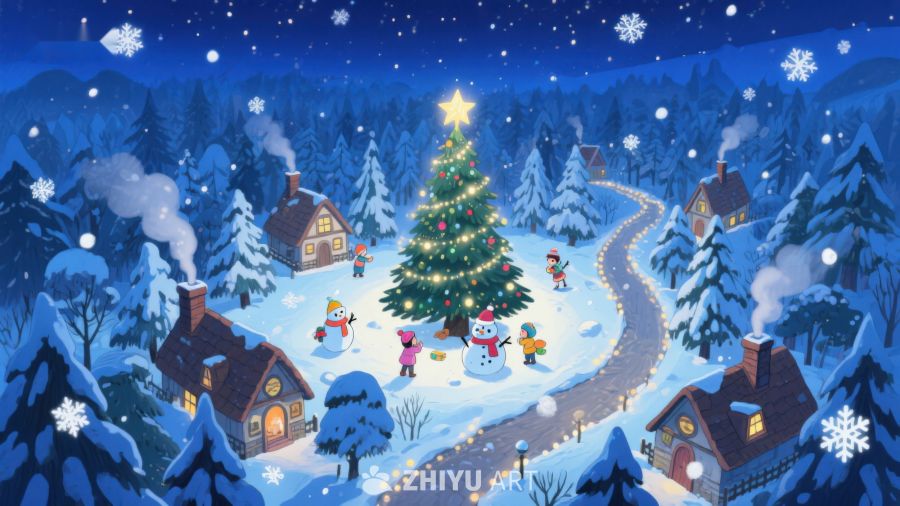 雪夜村庄的圣诞树 357