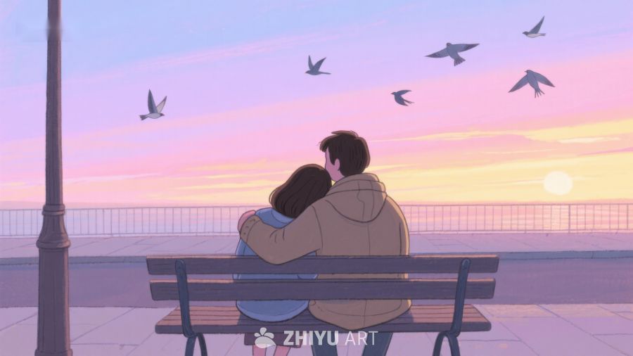 情侣海边长椅上相拥，夕阳西下 260