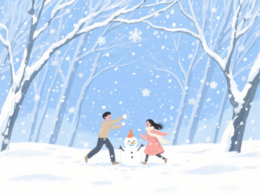 冬日雪景中欢笑的两人与雪人 101