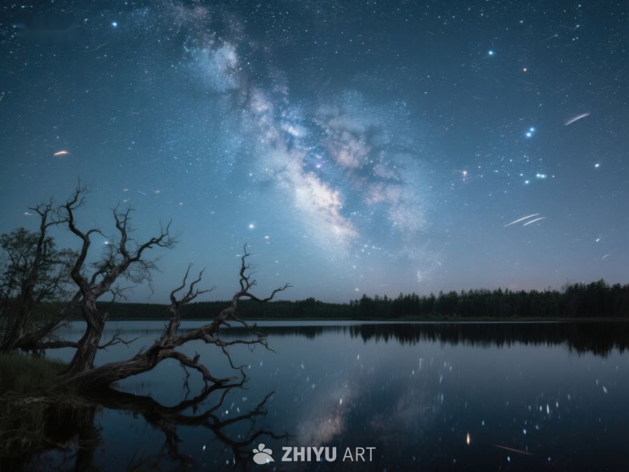 银河映照湖面，枯树静谧夜景 554