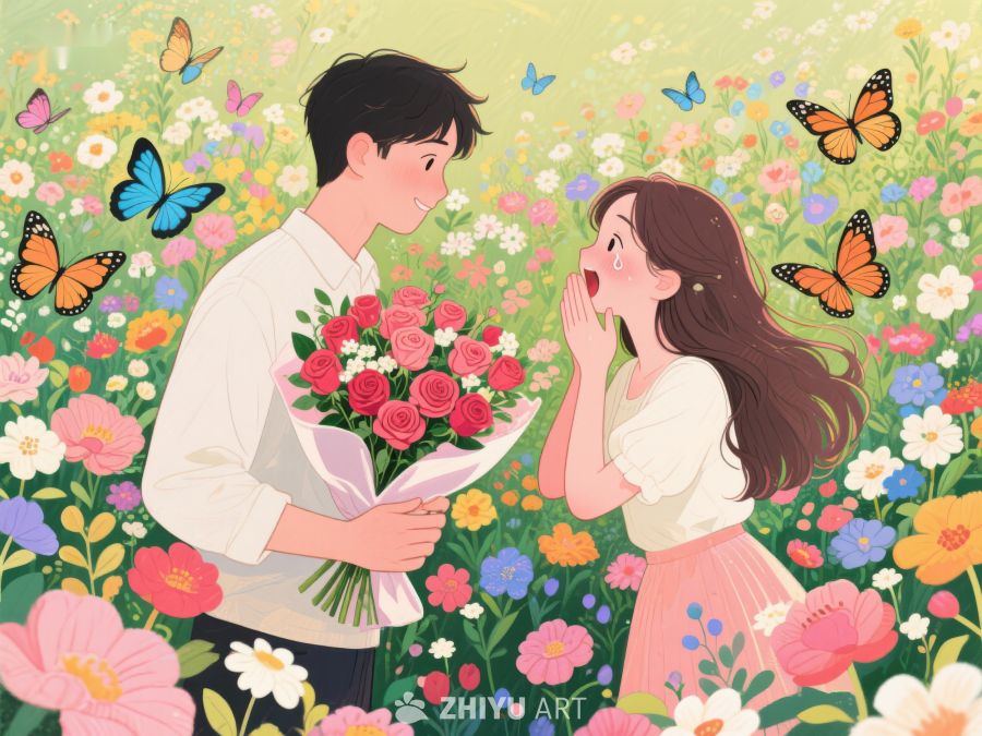 花海中男子手捧玫瑰向女子表白 349