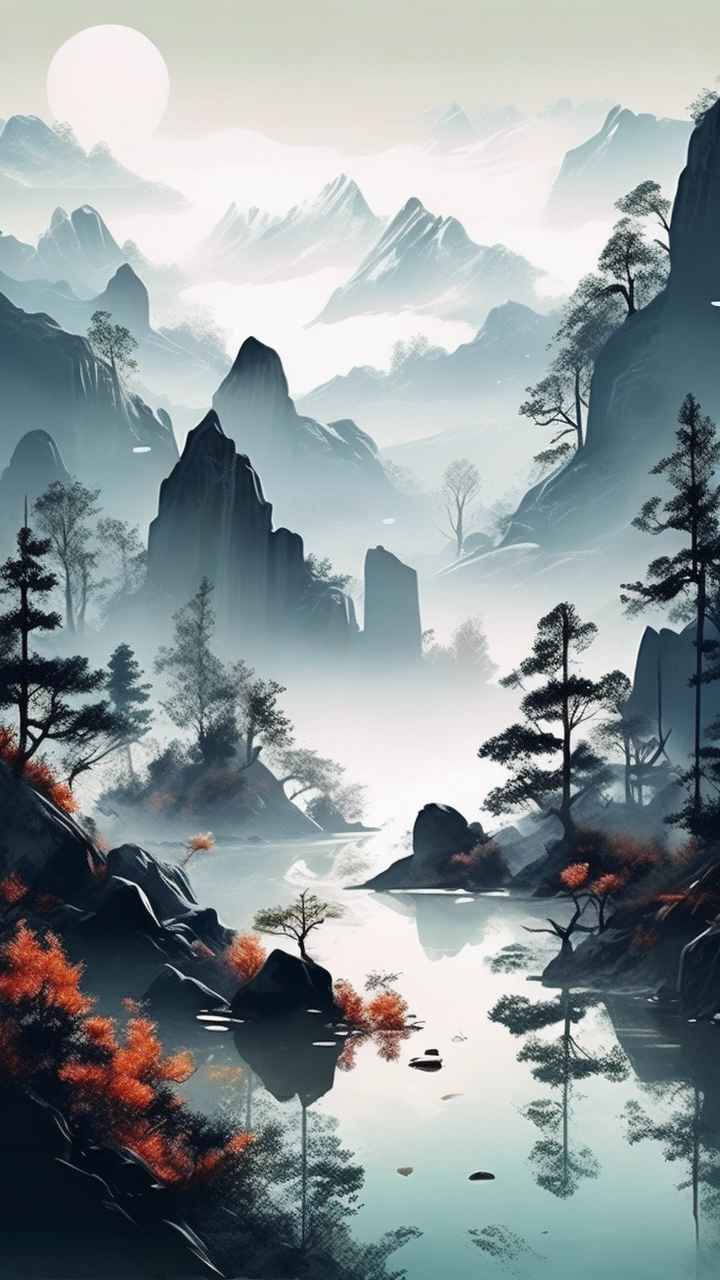 国风水彩画山水风景插画 84