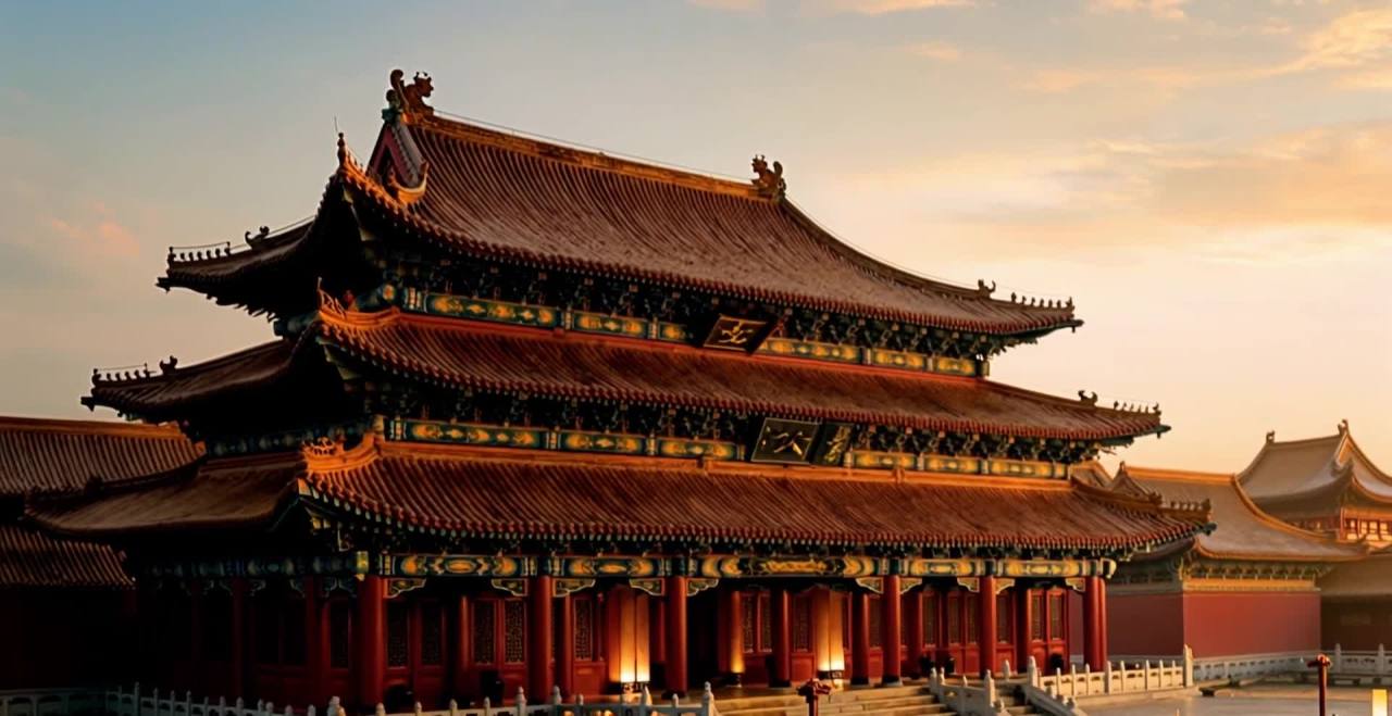 一座多层中式建筑，其屋顶由红色的瓦片覆盖。建筑的结