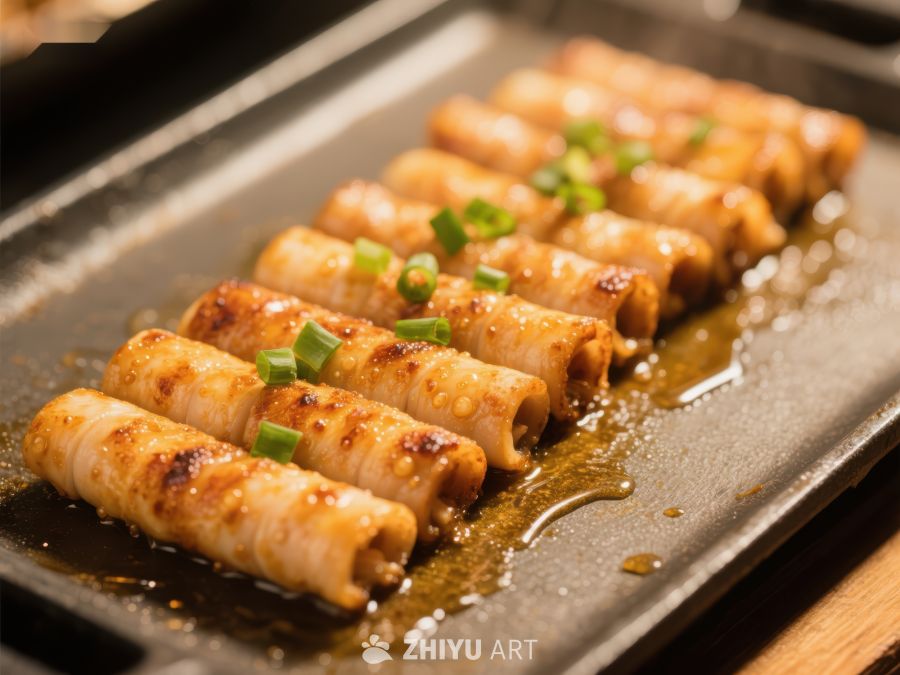 煎烤肉卷，撒葱点缀