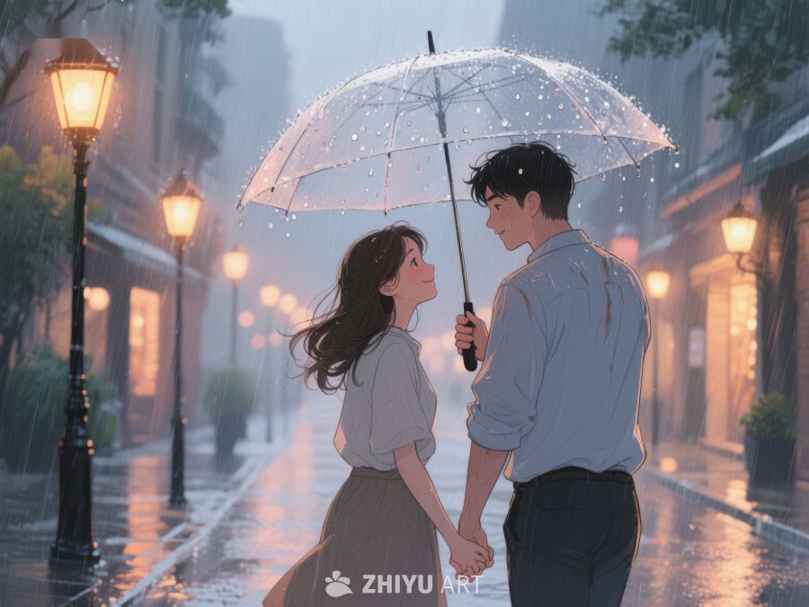 雨中伞下，两人相视而笑 1086
