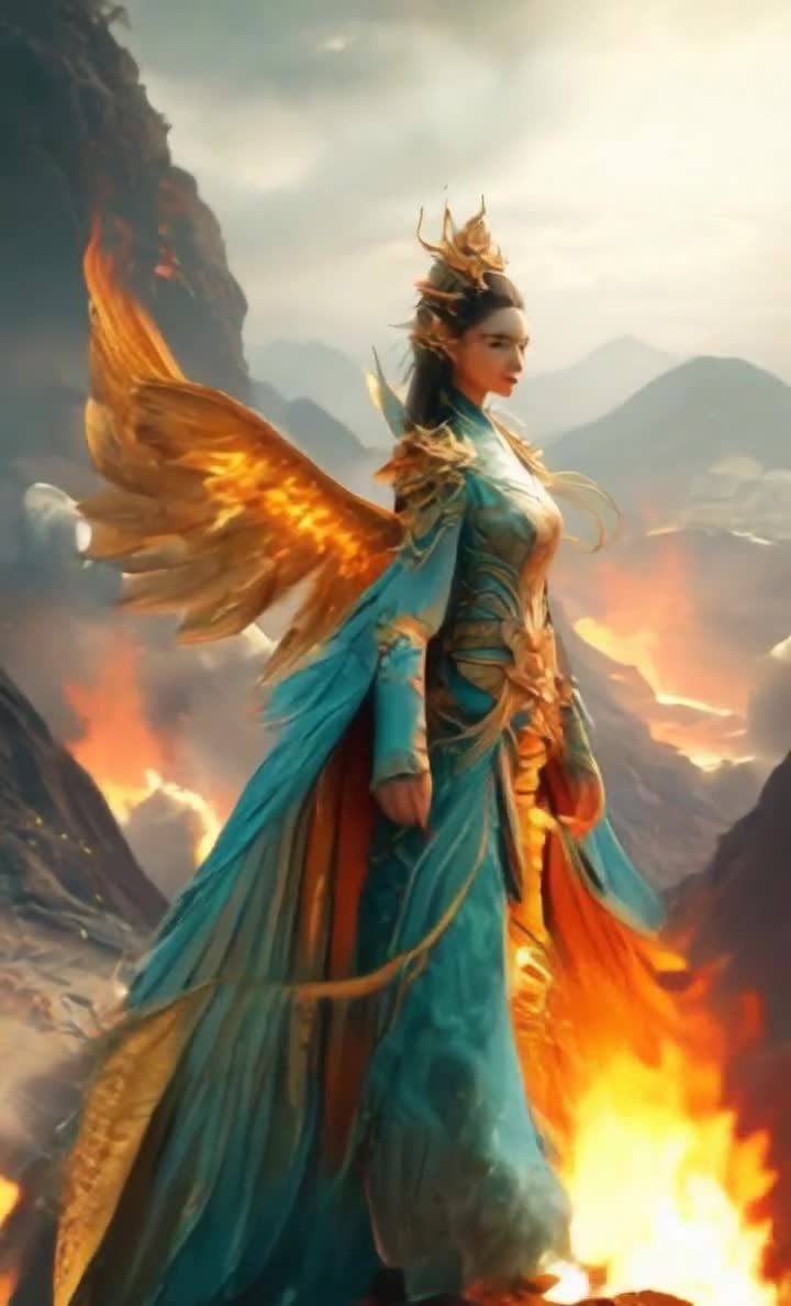 金色翅膀女神伫立燃烧山脉，目光坚定。