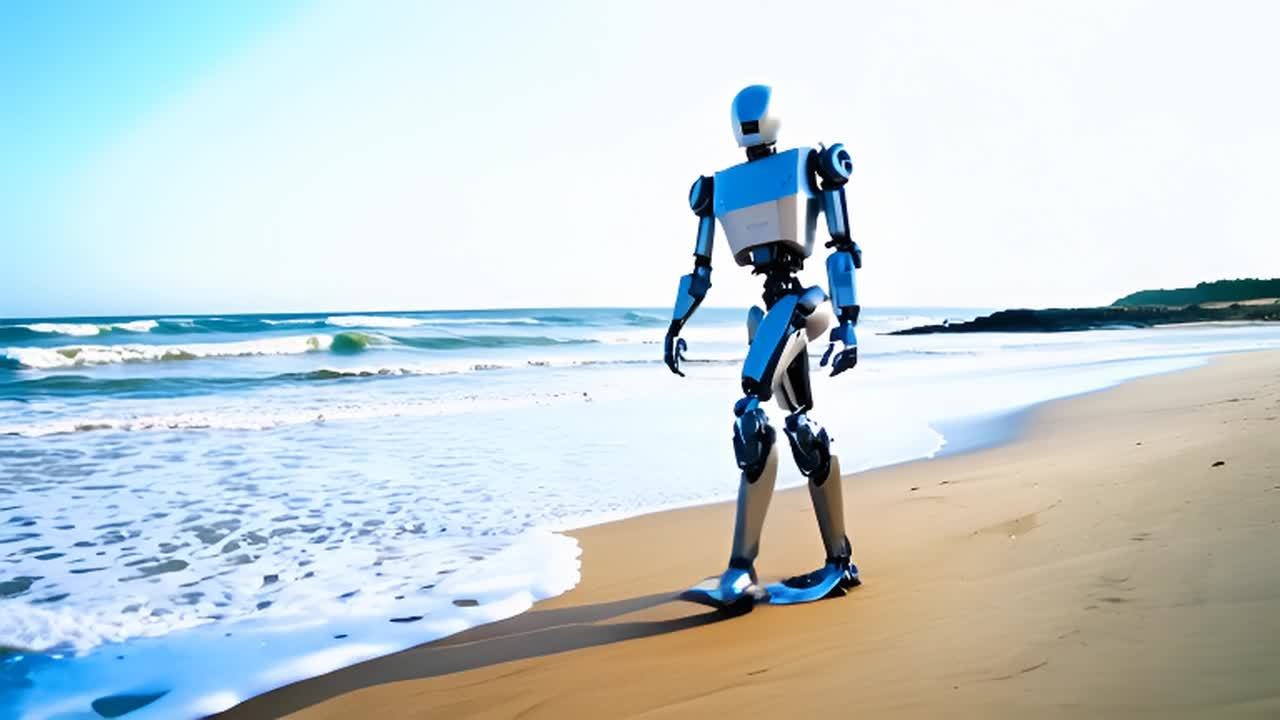 沙滩海岸线，海浪轻柔地拍打着沙滩，一个蓝白色的机器
