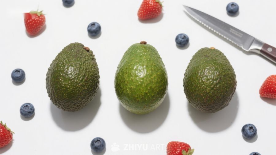 新鲜牛油果与浆果的静物组合